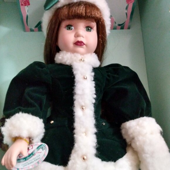 Vintage Brass Key Winter Christmas Holiday Porcelain Doll 16" - Picture 3 of 7